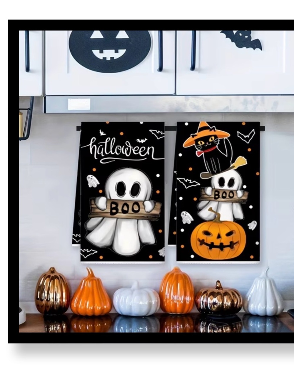Halloween Ghost & Pumpkin Kitchen Towels - Black, White, Orange